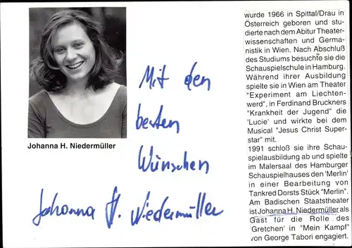 Foto Autogramm Schauspielerin Johanna Niedermüller, Portrait, Zeitungsausschnitt