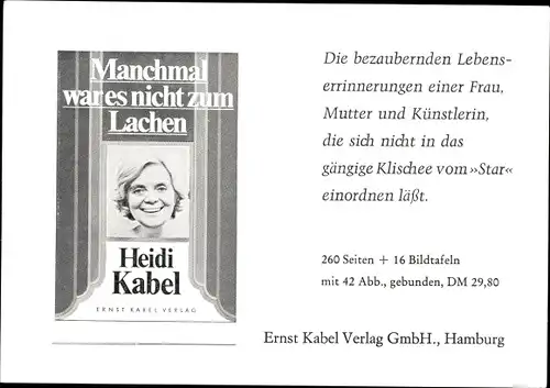 Foto Autogramm Schauspielerin Heidi Kabel, Buchwerbung