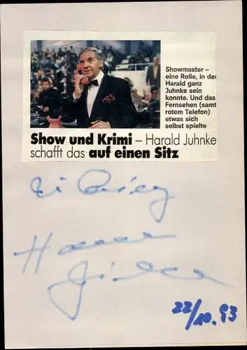 Foto Autogramm Schauspieler Harald Juhnke, Zeitungsausschnitt, Briefe für Hamburg