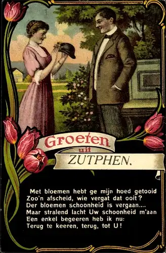 Ak Zutphen Gelderland, Liebespaar, Tulpen, Hut