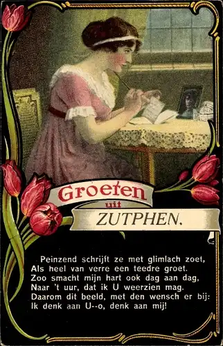 Ak Zutphen Gelderland, Frau am Tisch, Geliebter Mann, Tulpen