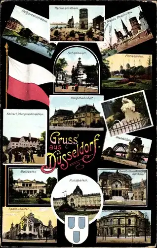 Ak Düsseldorf am Rhein, Hofgartenstraße, Malkasten, Kunstpalast, Stadttheater, Oberpostdirektion