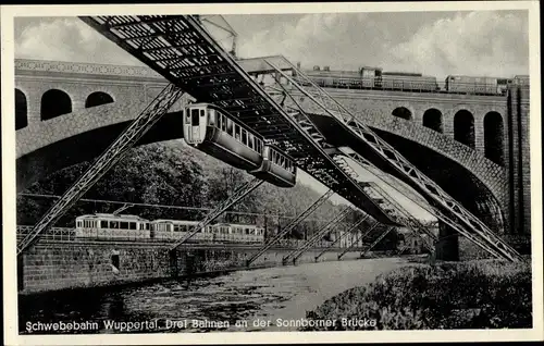 Ak Wuppertal, Sonnborner Brücke, Schwebebahn, Straßenbahn, Eisenbahn