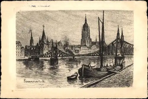 Künstler Ak Frankfurt am Main, Brücke, Boot, Kirche