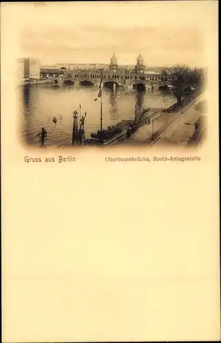 Ak Berlin Friedrichshain Kreuzberg, Oberbaumbrücke, Boots-Anlegestelle