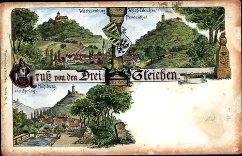 Litho Drei Gleichen Thüringen, Wachsenburg, Schloss Gleichen und Freudental, Mühlburg und Spring