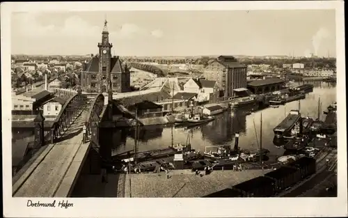 Ak Dortmund im Ruhrgebiet, Partie am Hafen, Brücke, Vogelschau