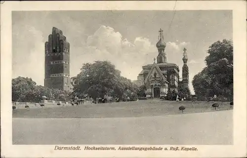 Ak Darmstadt in Hessen, Hochzeitsturm, Ausstellungsgebäude, russische Kapelle