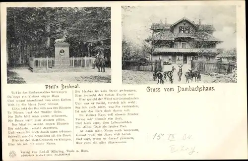 Ak Thale im Harz, Dambachhaus, Pfeils Denkmal