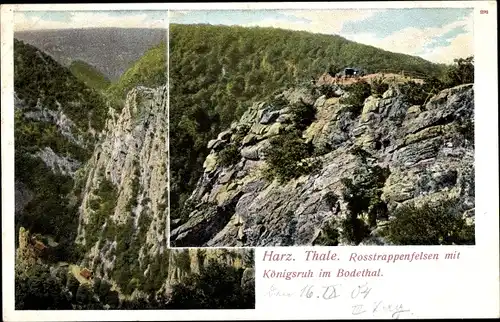 Ak Thale im Harz, Rosstrappenfelsen mit Königsruh im Bodetal