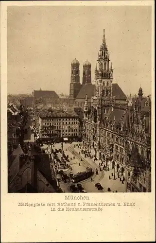 Ak München Bayern, Marienplatz, Rathaus, Frauentürmen, Neuhauserstraße, Straßenbahn