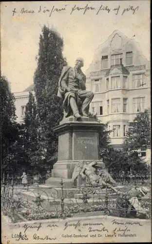 Ak Hansestadt Lübeck, Geibel-Denkmal, Dr. Lieses Heilanstalt