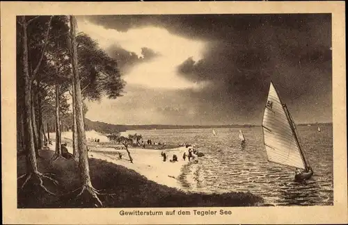 Ak Berlin Reinickendorf Tegel, Gewittersturm am Tegeler See, Segelboot