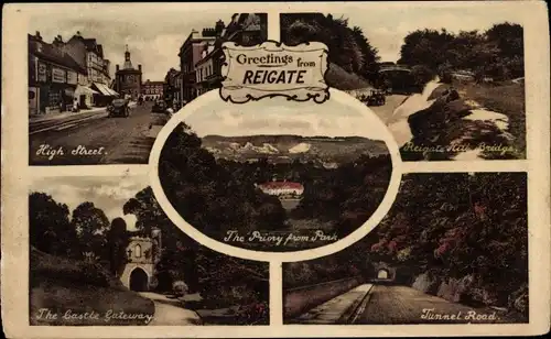 Ak Reigate Surrey England, High Street, Bridge, Castle Gateway, Tunnel Road, Priory from Park