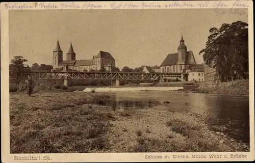 Ak Rochlitz an der Mulde, Schloss, Kirche, Mulde, Wehr, Brücke