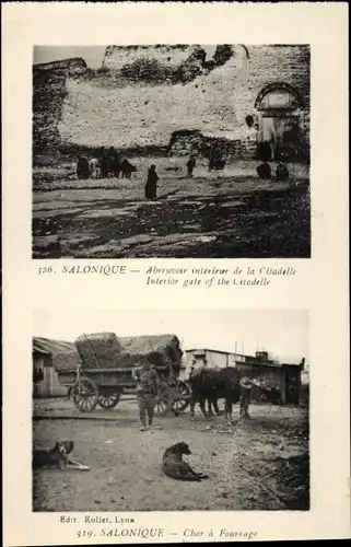 Ak Thessaloniki Griechenland, Innentor der Zitadelle, Ochsenkarren mit Stroh, Hunde