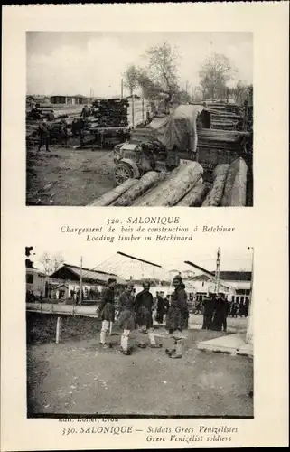 Ak Saloniki Thessaloniki Griechenland, Holzverladung, griechische Soldaten