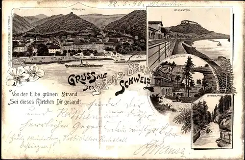 Litho Königstein an der Elbe Sächsische Schweiz, Schandau, Dampfer