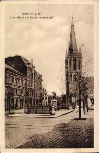 Ak Bochum im Ruhrgebiet, alter Markt mit Kuhhirtendenkmal