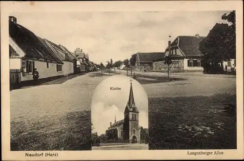 Ak Neudorf Harzgerode am Harz, Straßenpartie, Kirche, Langenberger Allee