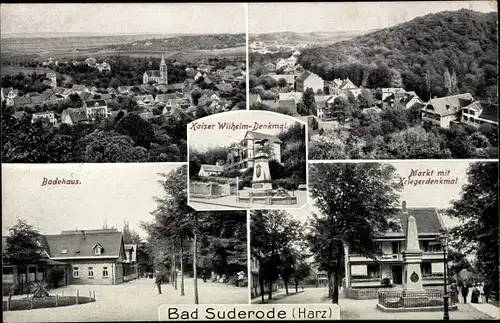 Ak Bad Suderode Quedlinburg im Harz, Ortsblick, Kaiser Wilhelm Denkmal, Markt, Badehaus