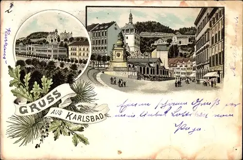 Litho Karlovy Vary Karlsbad Stadt, Teilansichten der Stadt, Marktplatz, Marktbrunnen