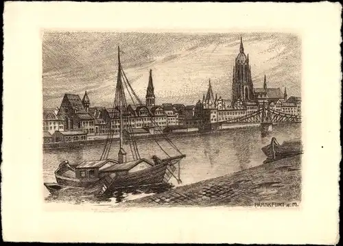 Künstler Ak Frankfurt am Main, Boote, Brücke, Kirche