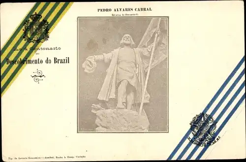Ak Botafogo Rio de Janeiro Brasilien, Descobrimento do Brazil, Statue, Wappen