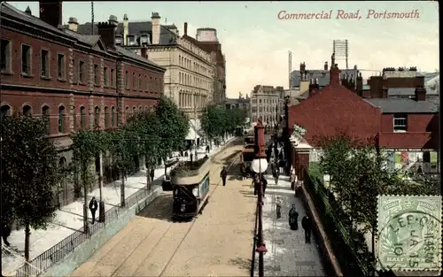 Ak Portsmouth South East England, view of the Commercial Road, cable car 18