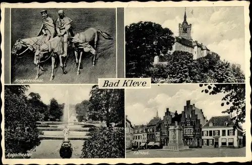 Ak Bad Kleve am Niederrhein, Kriegerdenkmal, Rathaus, Amphitheater, Schwanenburg