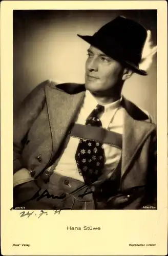 Ak Schauspieler Hans Stüwe, Portrait, Lederhose, Hut, Ross Verlag 8314 1, Autogramm