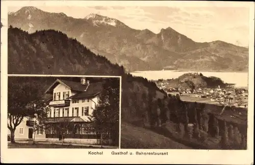 Ak Kochel am See, Gasthof und Bahnrestaurant, Gebirge