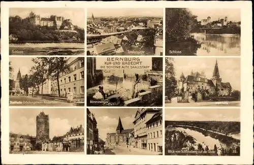 Ak Bernburg an der Saale, Schloss, Bärenzwinger, Stadthalle, Blick vom Schlossberg auf die Saale