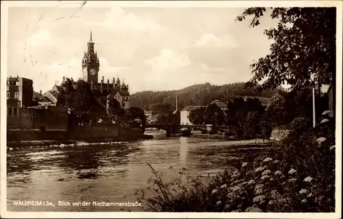 Ak Waldheim in Sachsen, Blick von der Niethammerstraße, Brücke, Turm, Uhr