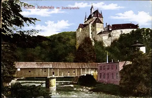 Ak Kriebstein in Sachsen, Schloss, Zschopautal, Holzbrücke