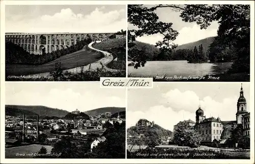 Ak Greiz im Vogtland, Göltzschtalbrücke, Blick vom Park aufs weiße Kreuz, oberes und unteres Schloss