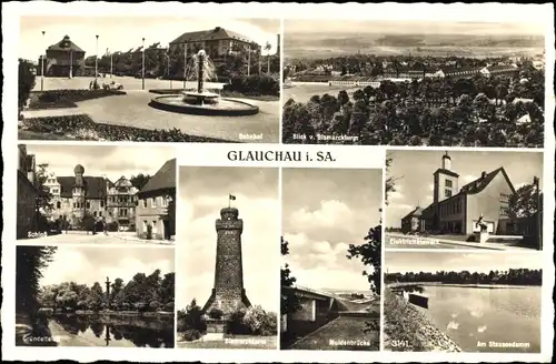 Ak Glauchau in Sachsen, Bahnhof, Schloss, Bismarckturm, Muldenbrücke, Elektrizitätswerk