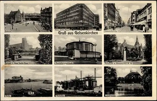 Ak Gelsenkirchen im Ruhrgebiet, Polizeiamt, Ehrenmal, Bahnhofstraße, Hochöfen, Stadtgarten, Hafen
