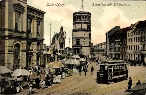 Ak Düsseldorf am Rhein, Burgplatz, Schlossturm, Straßenbahn