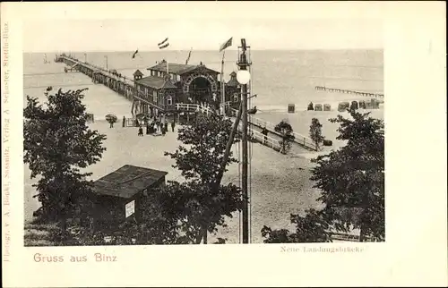 Ak Ostseebad Binz auf Rügen, neue Landungsbrücke, Strand