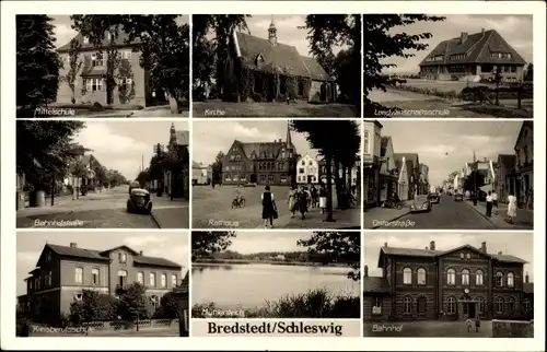 Ak Bredstedt in Nordfriesland, Bahnhof, Bahnhofstraße, Kirche, Mittelschule, Rathaus