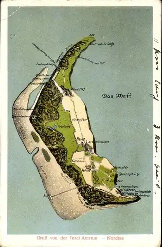 Landkarten Ak Insel Amrum Nordfriesland, Gesamtansicht, Watt, Kniep-Sand