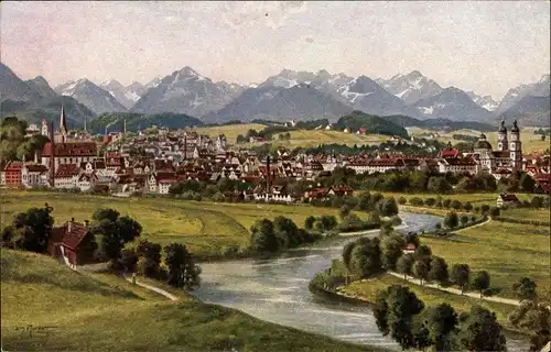 Ak Kempten im Allgäu Schwaben, Panorama, Kirchen, Alpen