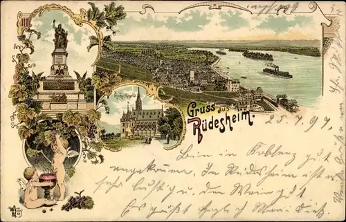 Litho Rüdesheim am Rhein, Niederwalddenkmal, Panorama, Engel