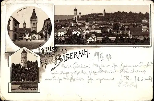 Litho Biberach an der Riß in Oberschwaben, Totale, Ulmer Tor, Weißer Turm