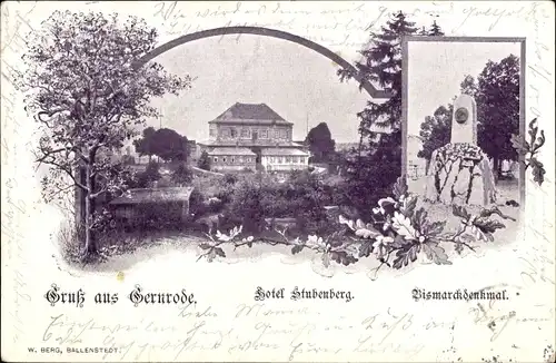 Ak Gernrode Quedlinburg im Harz, Hotel Stubenberg, Bismarckdenkmal