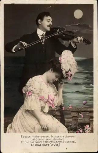 Ak Mann spielt Geige, Traurige Frau, Mond, Geigenspieler