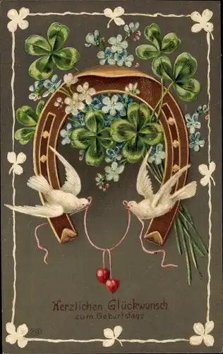 Präge Ak Glückwunsch Geburtstag, Tauben, Hufeisen, Glücksklee, Vergissmeinnicht
