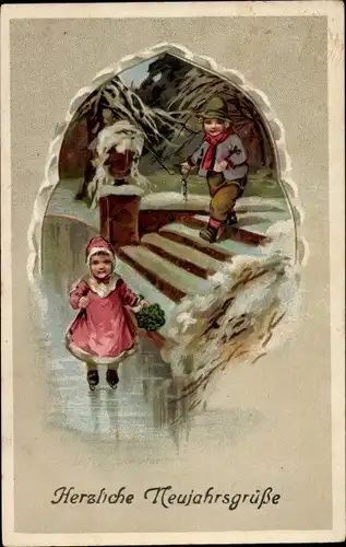 Präge Ak Glückwunsch Neujahr, Kinder, Fluss, Treppen