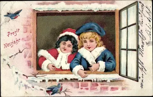 Ak Glückwunsch Neujahr, Zwei Kinder am Fenster, Vögel